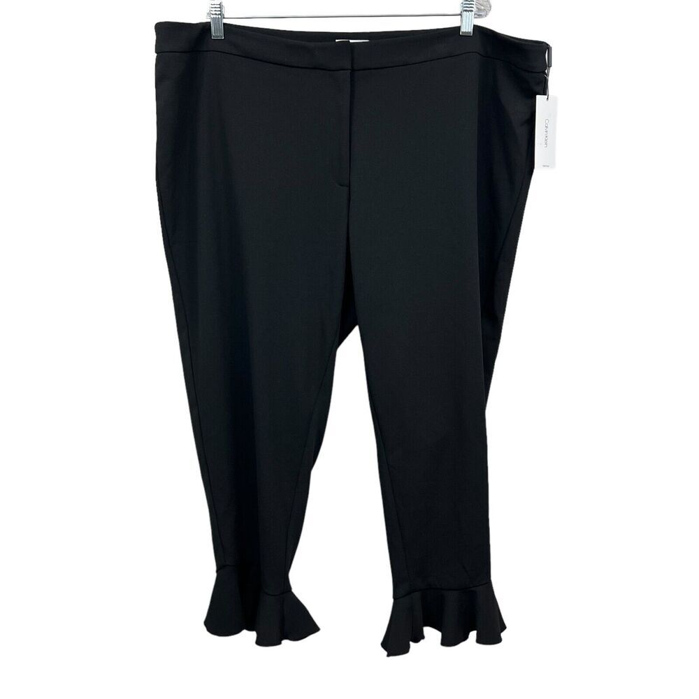 Calvin Klein Womens Pants Stretch Tapered Leg Ruffle Hem Zip Up Black Size 22W*